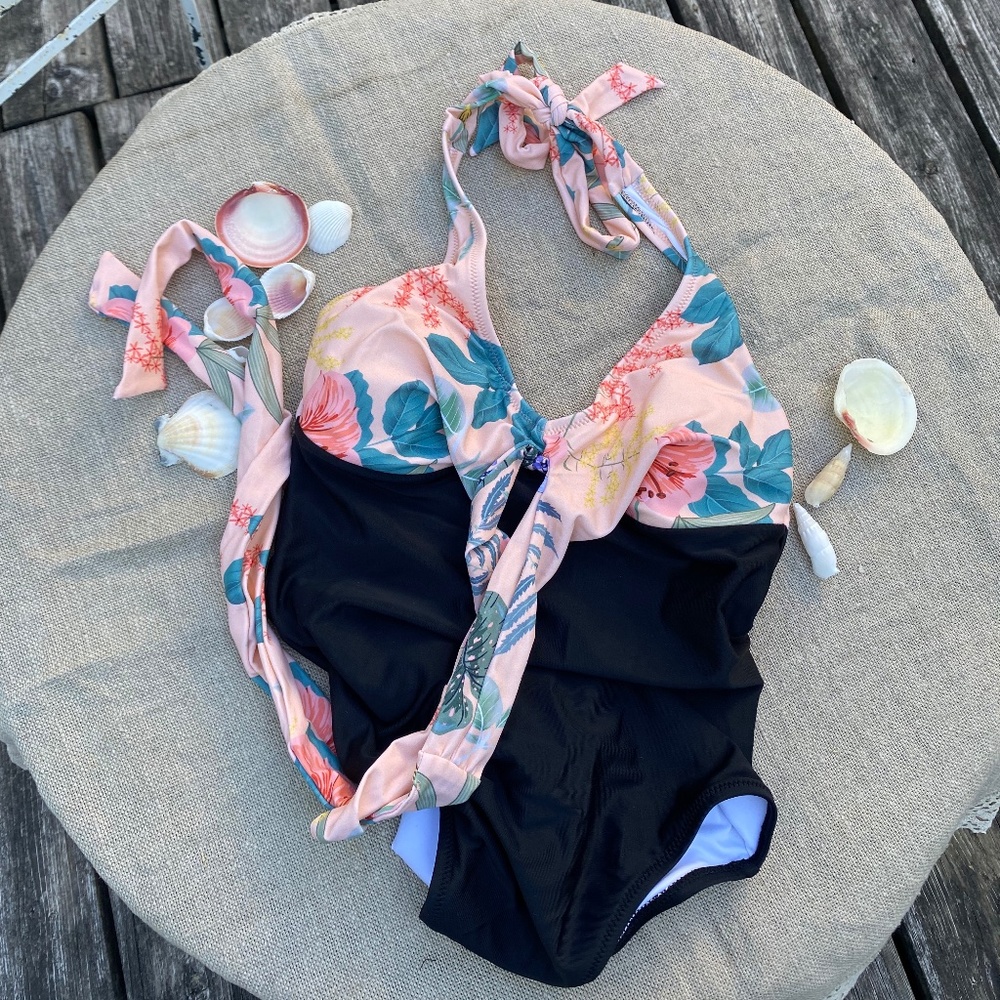 Black and Peach Floral Cross Over One Piece Swimsuit with ties